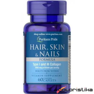 Вітаміни формула для волосся, шкіри, нігтів, Puritan's Pride Hair, Skin, Nails Formula - 60 капсул